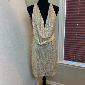 Fashion‎ Nova dress sz 1X mini gold sequin halter slit open back going out Y2K
